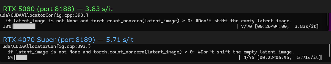 ComfyUI並列実行時のCMD速度比較（上: RTX 5080 3.83s/it、下: RTX 4070 Super 5.71s/it）