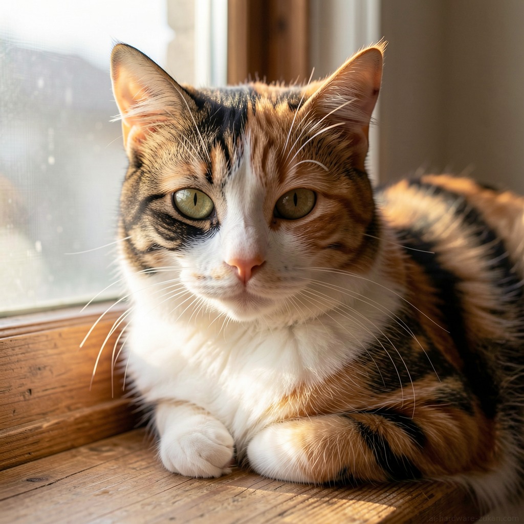 窓辺に座る三毛猫の写真風画像。朝の柔らかい光と浅い被写界深度で、毛並みが細かく描かれている