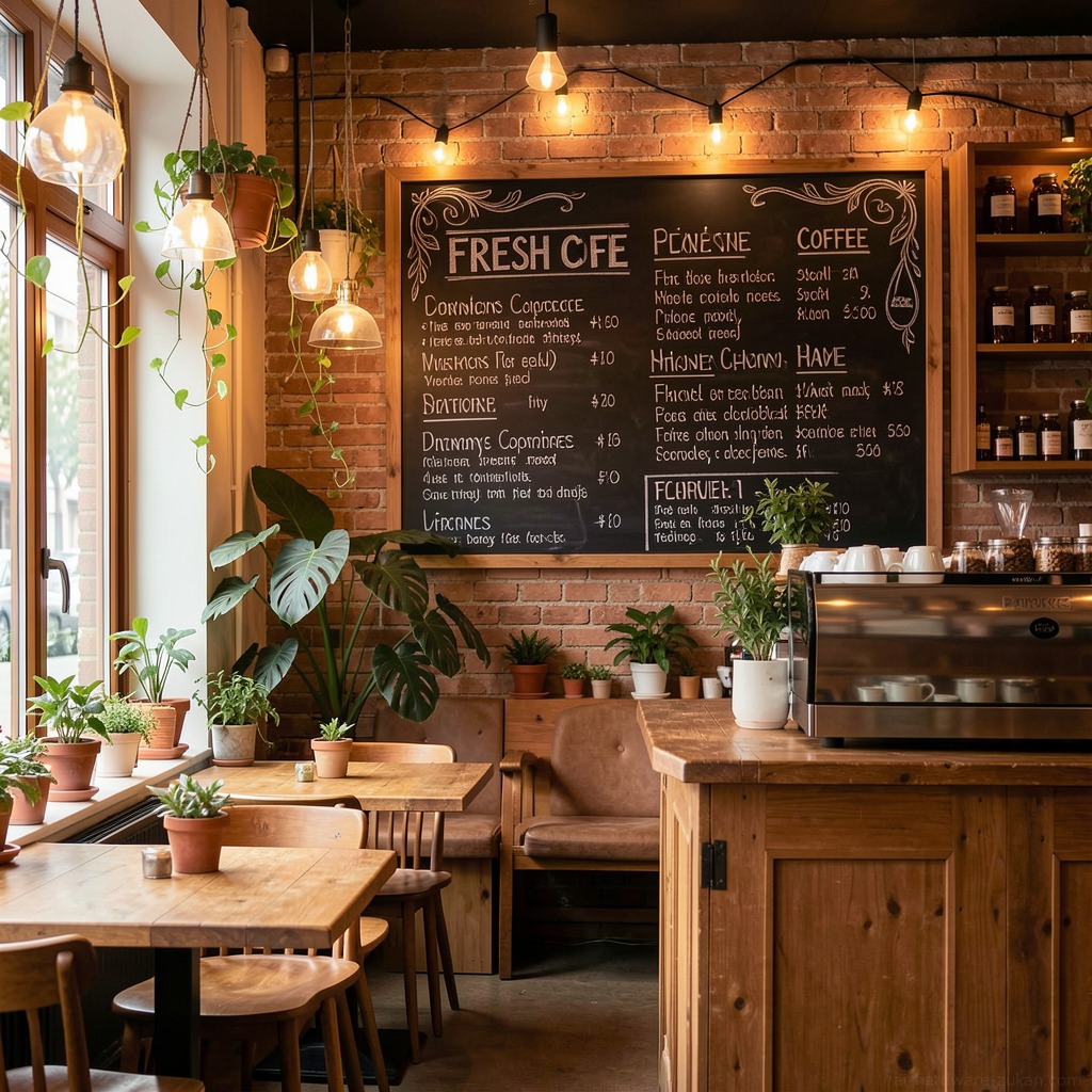 温かみのある照明のカフェ店内。観葉植物と木製家具、壁の黒板メニューが描かれている