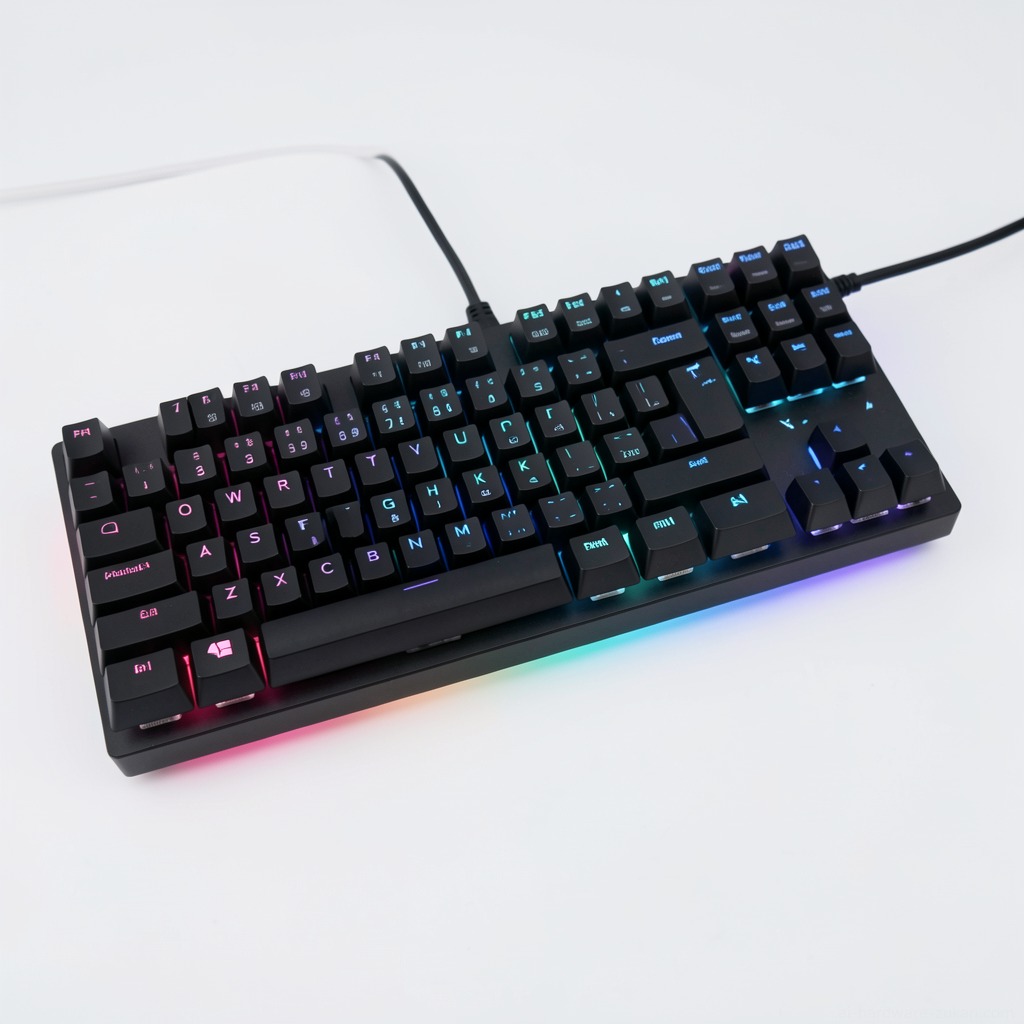 RGBバックライトの黒いメカニカルキーボードのスタジオ製品写真。シャープな焦点と清潔な背景