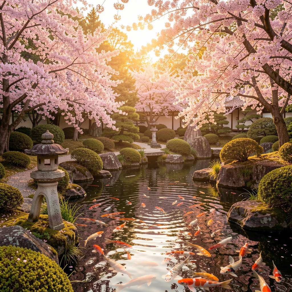 鯉の泳ぐ池と桜、石灯籠のある日本庭園。夕方の斜光が差し込み高精細に描かれている
