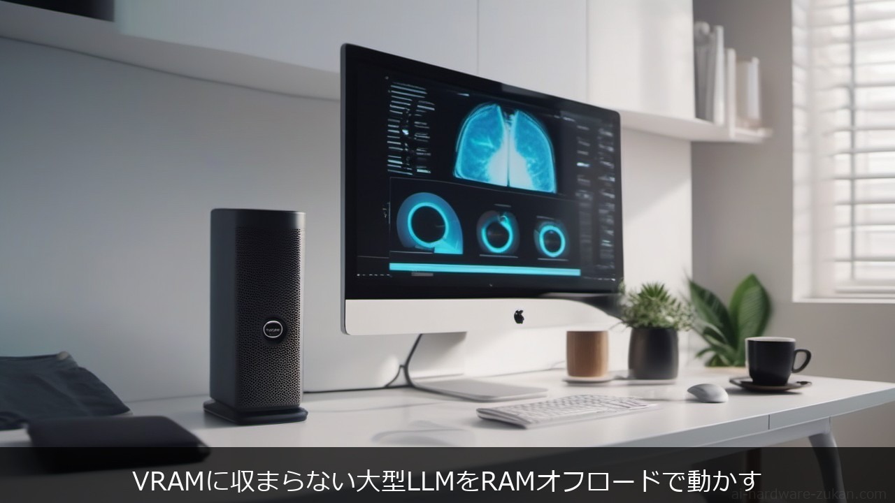 VRAM 16GBのGPUで大型LLMをRAMオフロード（-ngl分割）し、CPU側のメインメモリへ層を逃がす構成のイメージ
