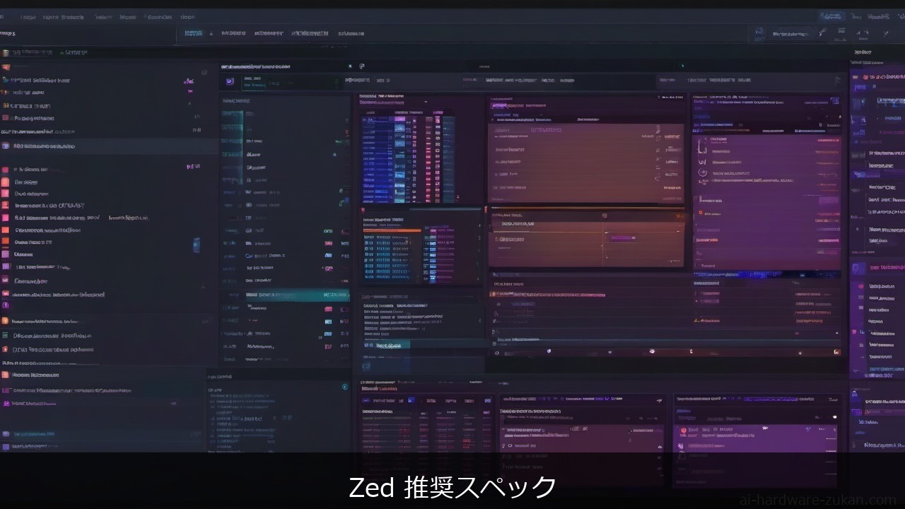 Zedのコードエディタ画面（GPU描画されたUI）の中立的な技術ビジュアル。AI推論用GPUとは別物の、UI描画に効く一般的なGPUのイメージ