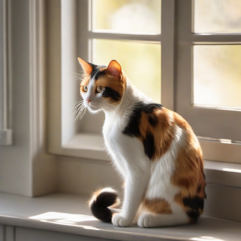 ggufyでq4_kに量子化したSDXLを使い、ComfyUIで生成した窓辺の三毛猫の写真風画像