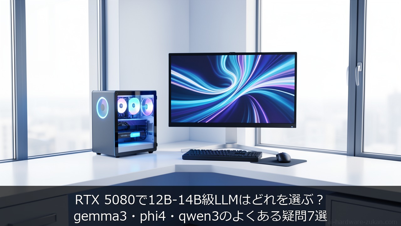 RTX 5080で12B-14B級LLMはどれを選ぶ？gemma3・phi4・qwen3をテーマにしたアイキャッチ画像