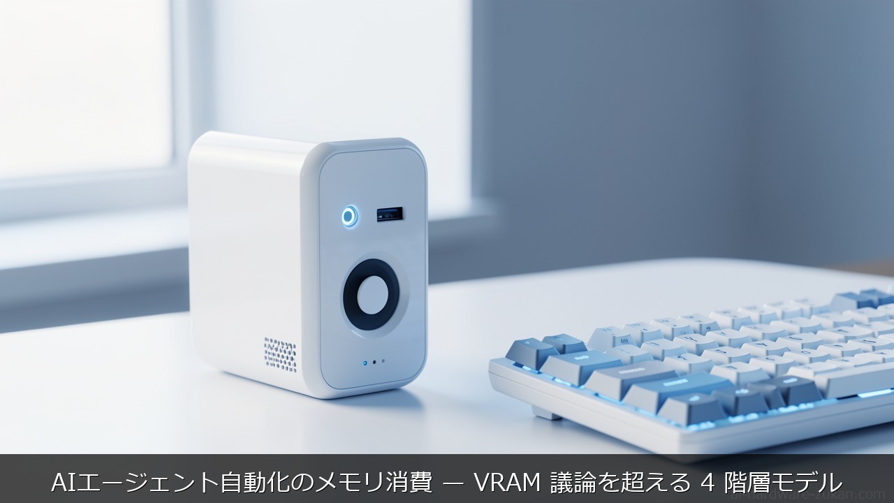 AIエージェント自動化のメモリ消費 — VRAM 議論を超える 4 階層モデルをテーマにしたアイキャッチ画像
