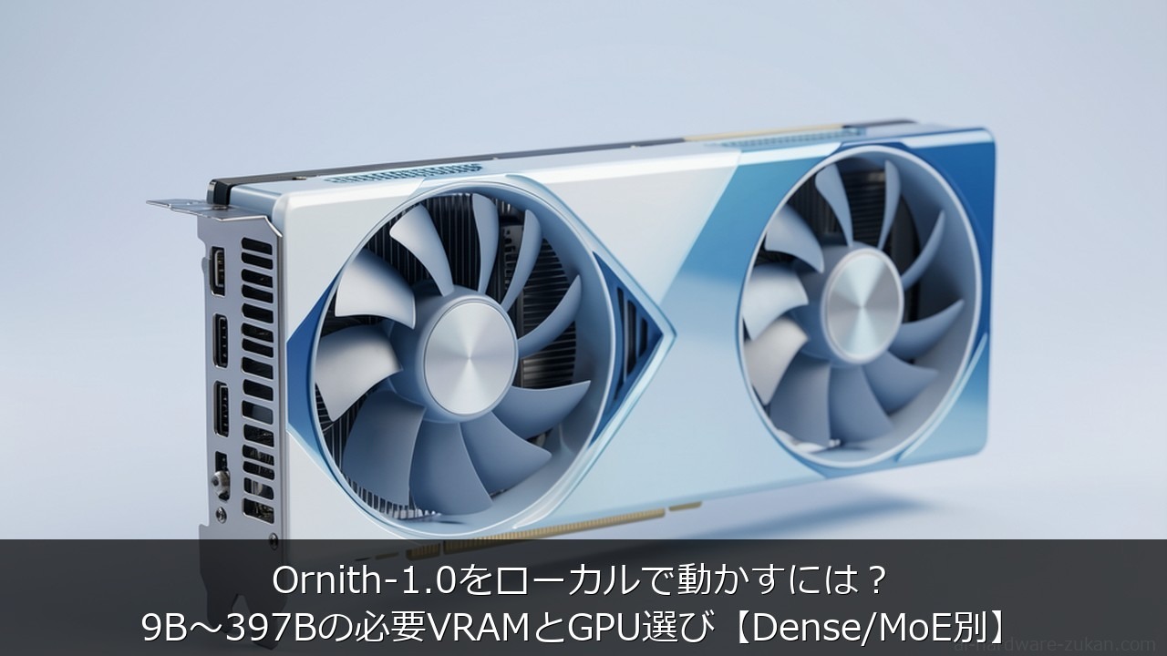 Ornith-1.0をローカルで動かすにはに関する記事のアイキャッチ画像 - Ornith-1.0をローカルで動かすには？9B〜397Bの必要VRAMとGPU選び【Dense/M