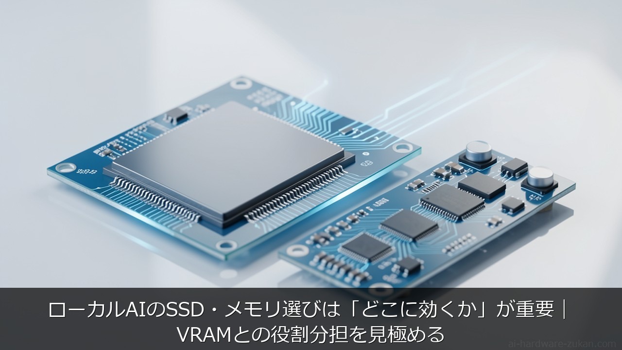 ローカルAIのSSD・メモリ選びは「どこに効くか」が重要｜VRAMとの役割分担を見極める - SSD・メモリ・VRAMの役割を示すアイキャッチ
