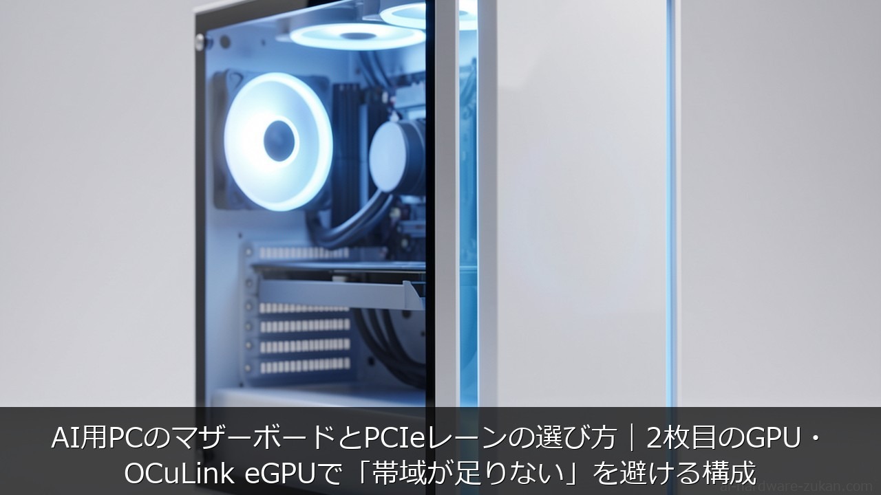 AI用PCのマザーボードとPCIeレーンの選び方｜2枚目のGPU・OCuLink eGPUで「帯域が足りない」を避ける構成 アイキャッチ