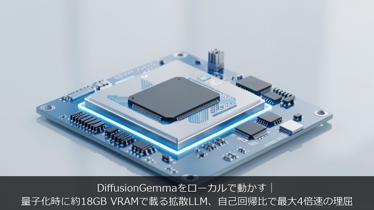 DiffusionGemmaをローカルで動かす｜量子化時に約18GB VRAMで載る拡散LLM、自己回帰比で最大4倍速の理屈 アイキャッチ
