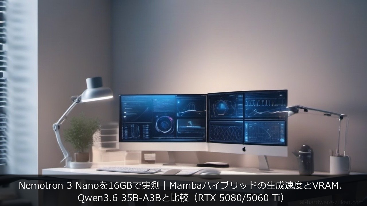 Nemotron 3 Nanoを16GBで実測｜Mambaハイブリッドの生成速度とVRAM、Qwen3.6 35B-A3Bと比較（RTX 5080/5060 Ti）