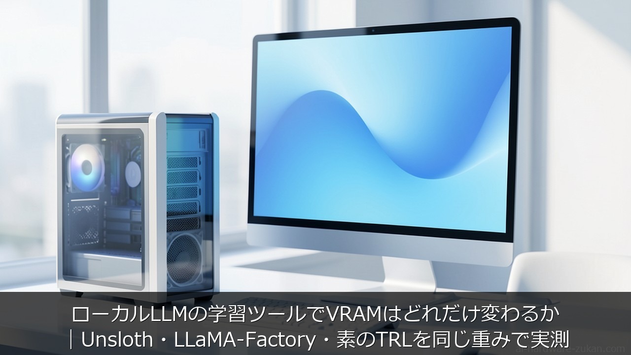 ローカルLLM ファインチューニング VRAMに関する記事のアイキャッチ画像 - ローカルLLMの学習ツールでVRAMはどれだけ変わるか