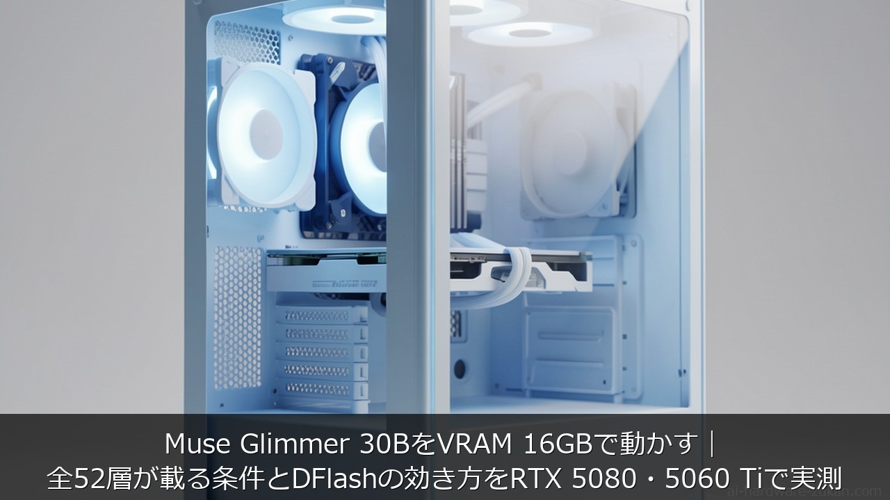 VRAM 16GBに関する記事のアイキャッチ画像 - Muse Glimmer 30BをVRAM 16GBで動かす