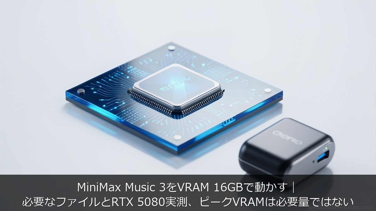 MiniMax Music 3をVRAM 16GBで動かす｜必要なファイルとRTX 5080実測、ピークVRAMは必要量ではないに関する記事のアイキャッチ画像 - MiniMax Music 3をVRAM 16GBで動かす