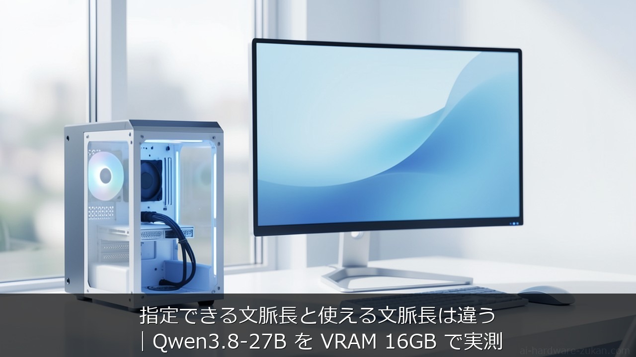 VRAM 16GBに関する記事のアイキャッチ画像 - 指定できる文脈長と使える文脈長は違う｜Qwen3.8-27B を VRAM 16GB で実測