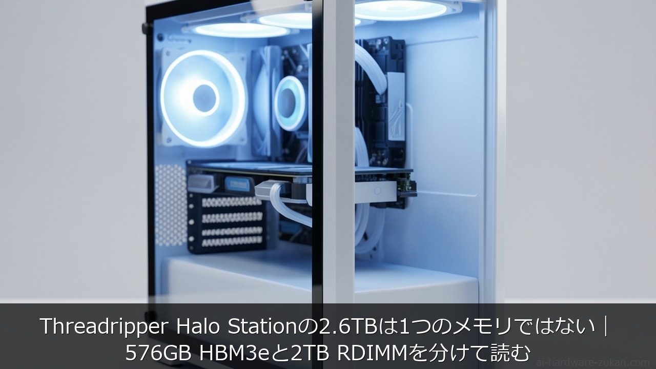 Threadripper Halo Stationの2.6TBの内訳（HBM3e 576GBとRDIMM 2TB）を読むための図解イメージ