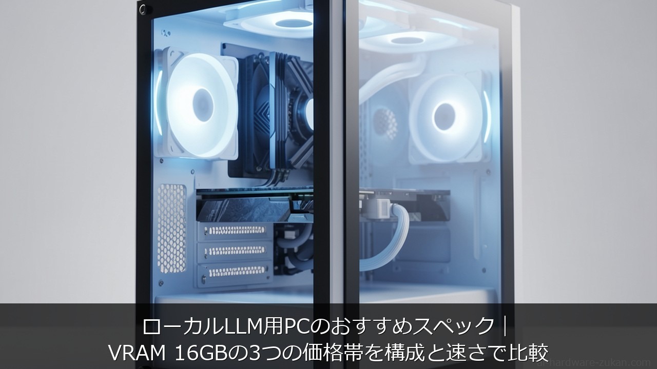 ローカルLLM PC スペックに関する記事のアイキャッチ画像 - ローカルLLM用PCのおすすめスペック｜VRAM 16GBの3つの価格帯を構成と速さで比較