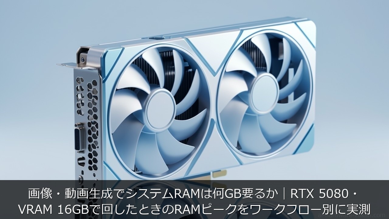 画像・動画生成でシステムRAMは何GB要るか｜RTX 5080・VRAM 16GBで回したときのRAMピークをワークフロー別に実測 の記事のアイキャッチ画像