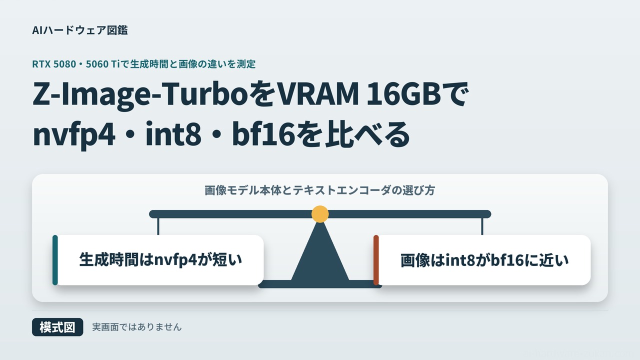 Z-Image-TurboをVRAM 16GBでnvfp4・int8・bf16を比べる（模式図）