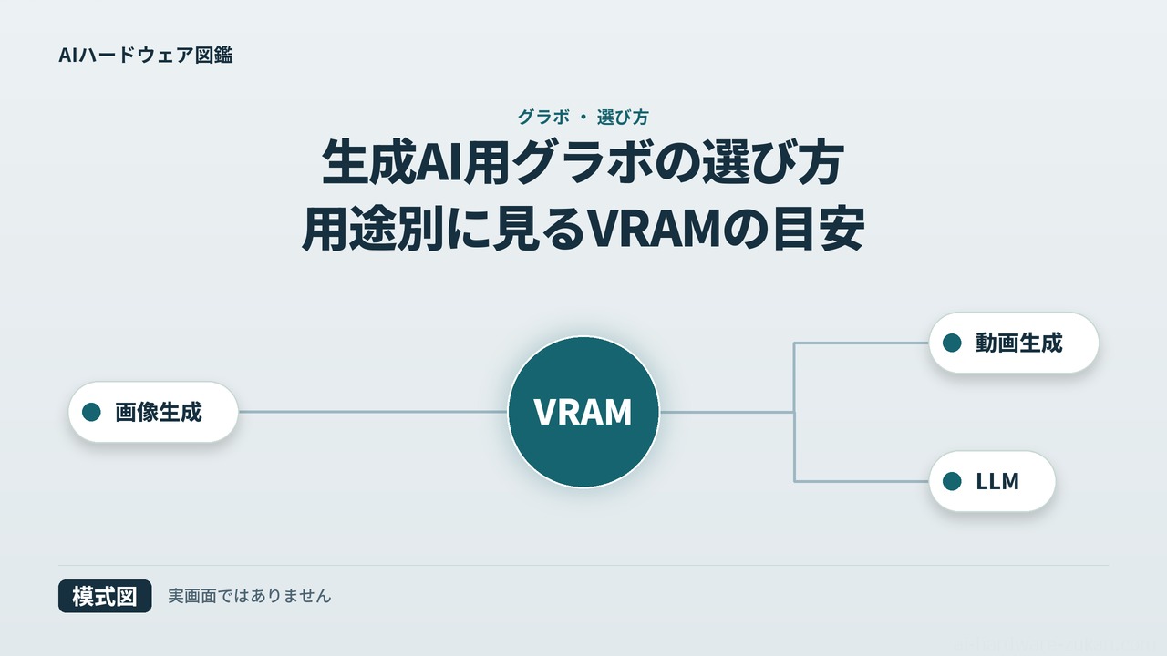 生成AI用グラボの選び方用途別に見るVRAMの目安（模式図）